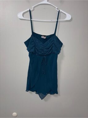 Judy Knapp Blue Ruched Sparkle Handkerchief Hem Sheer Cami Vtg Y2K Festival M